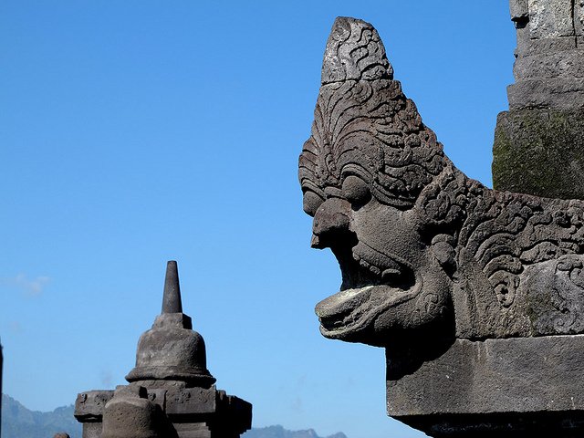 A gargoyle at Borobudur Temple, Java, Indonesia (9th century C.E.). Photo by Mindy McAdams via flickr.