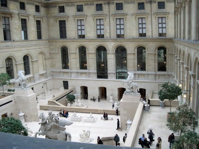 A museum courtyard with sculptures