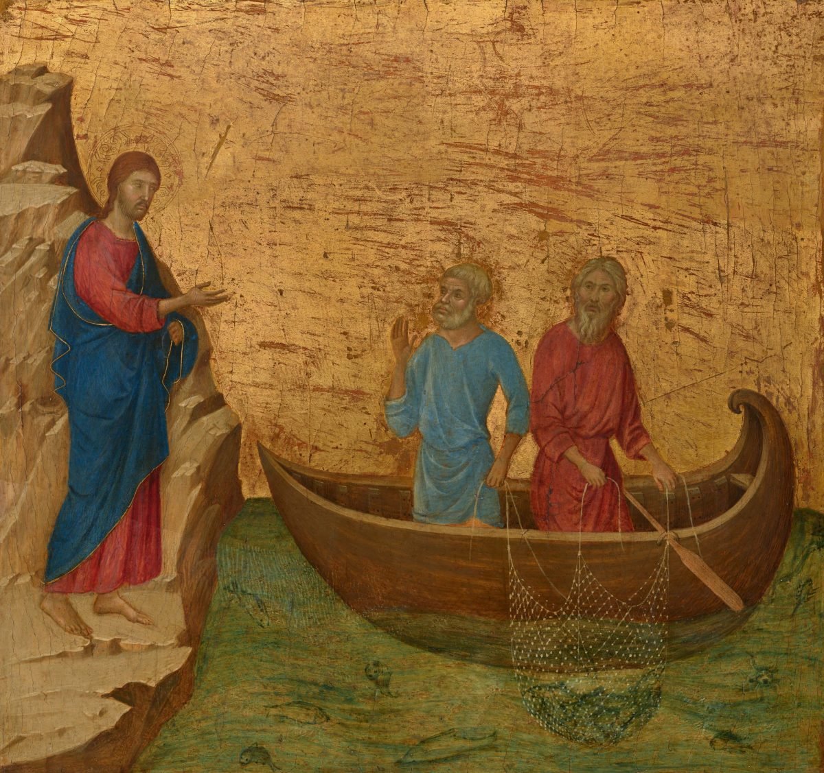 Gold-ground early Renaissance painting of Jesus Christ and two apostles in a boat