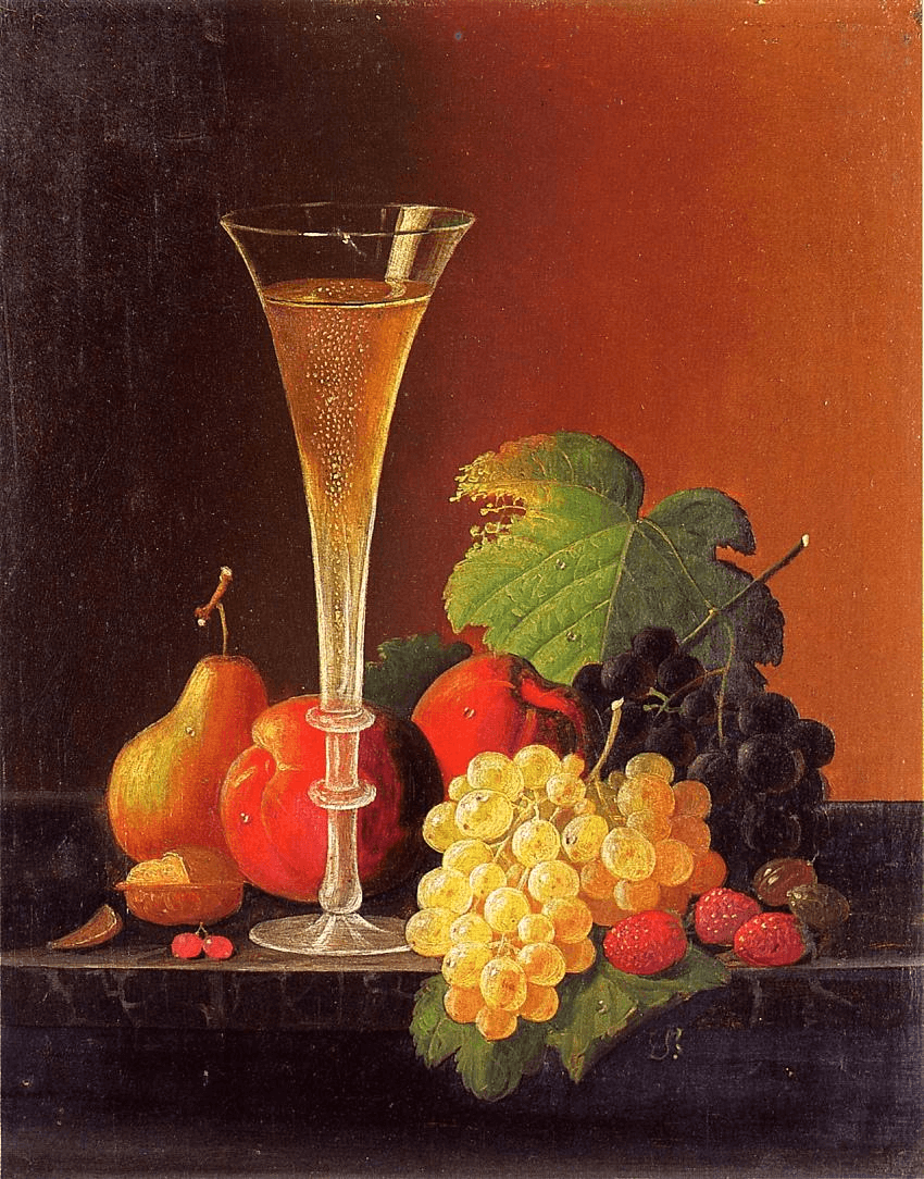 Still Life Fruit and a Glass of Champagne on a Tabletop by Severin Roesen