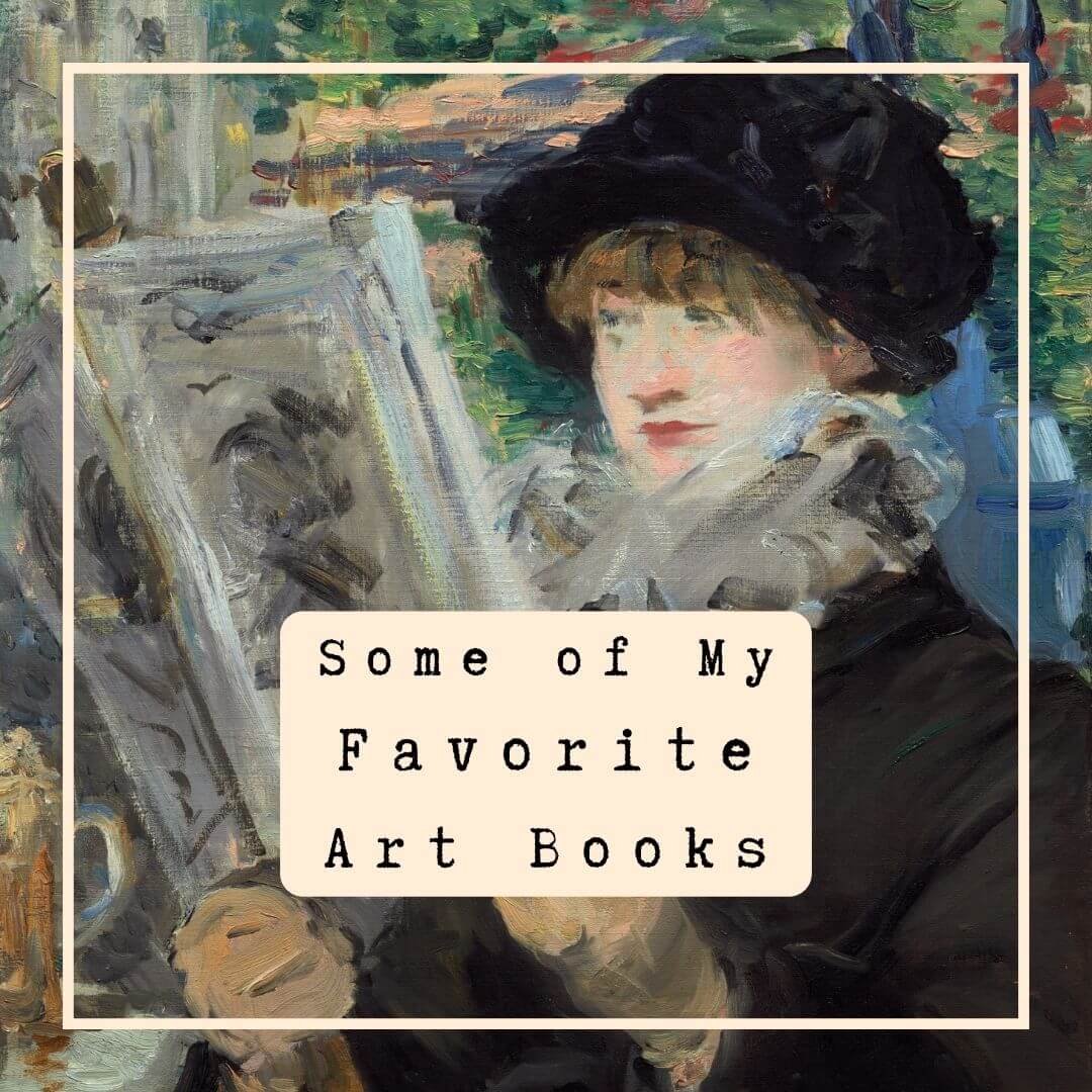 Impressionist painting of a woman in black dress and hat reading a large book