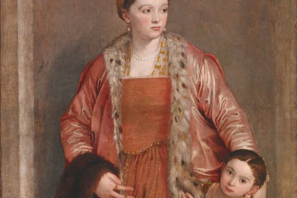 Painting of a woman in fur-lined Renaissance dress with a little girl