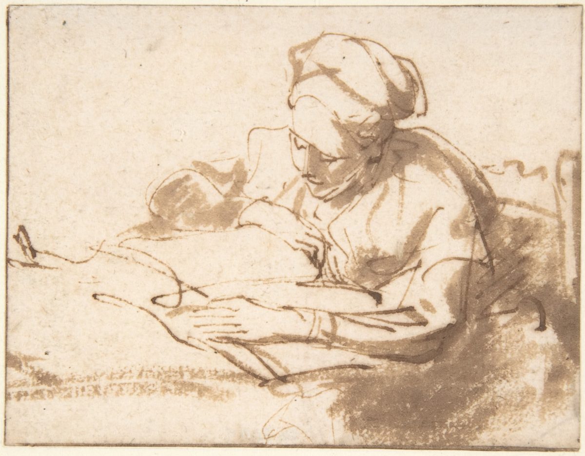 Sketch of a woman in old-fashioned clothing reading a book