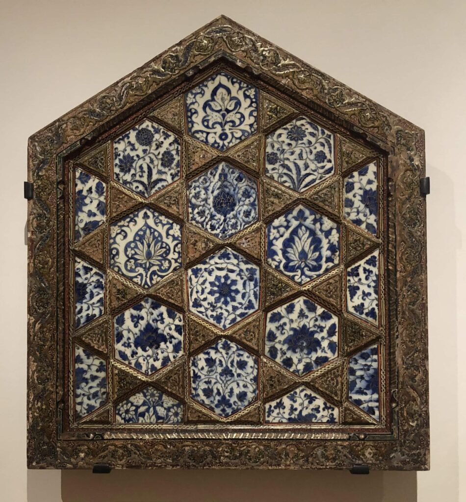 A panel with blue-and-white ceramic tiles