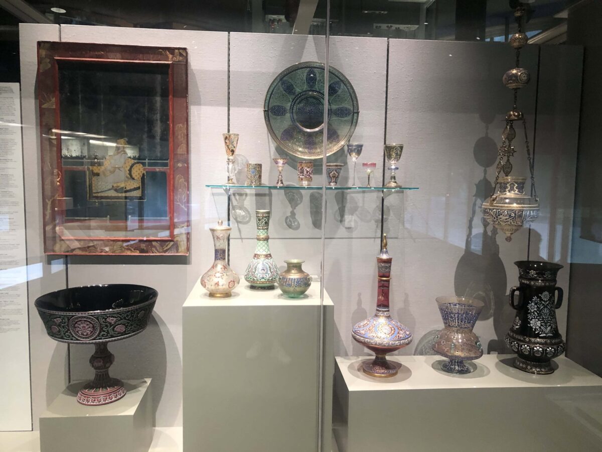 A display of glass objects at the Corning Museum of Glass