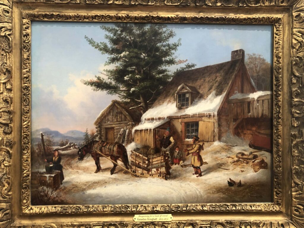 Painting with a rustic cabin, animals, and people in the wilderness