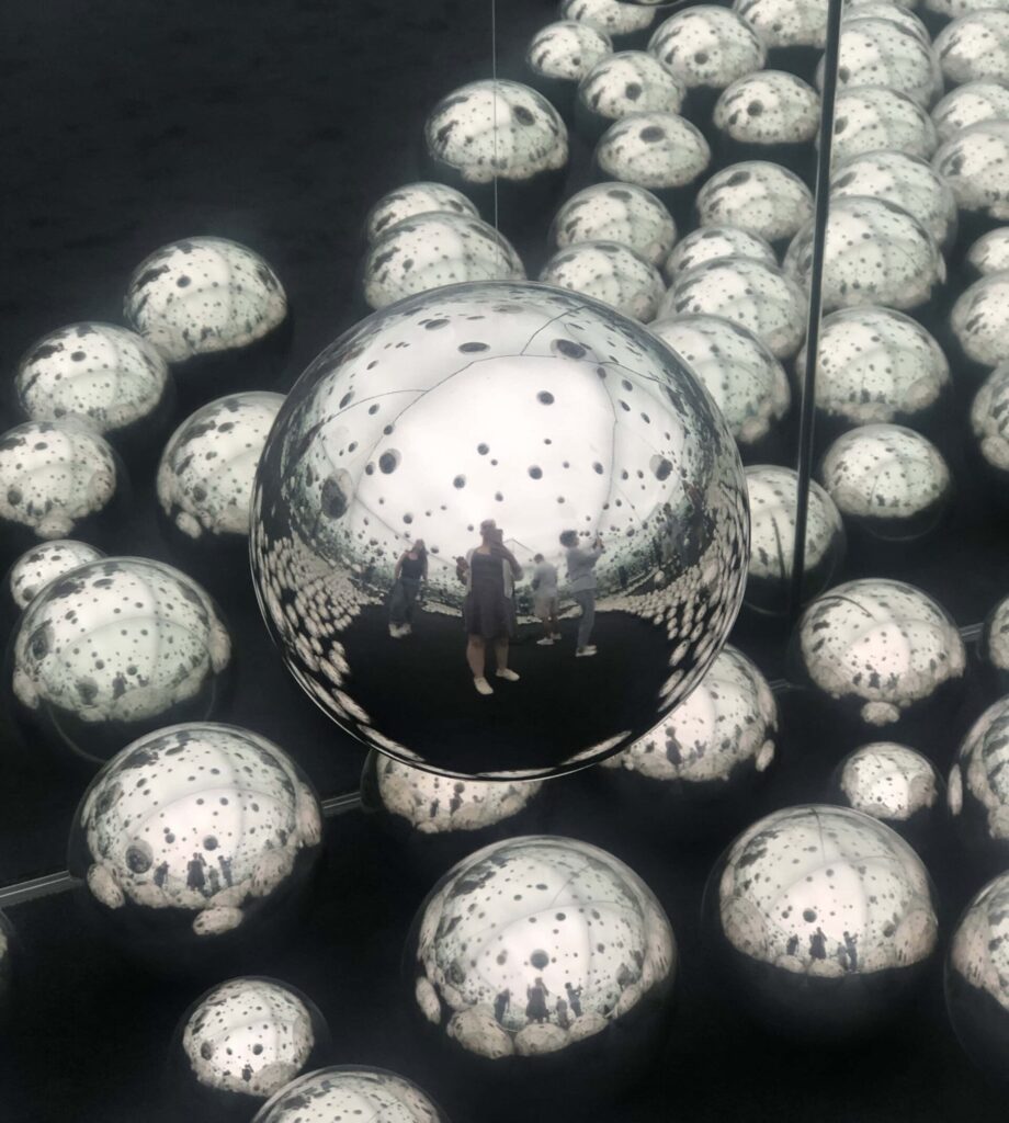 A group of mirrored silver orbs